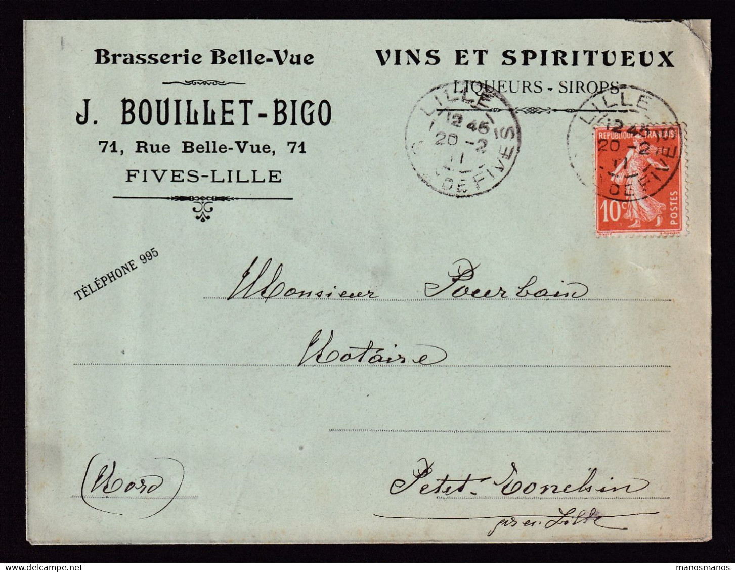 DDDD 932 -- BRASSERIES FRANCE - Enveloppe TP  Semeuse FIVES-LILLE (Nord) 1911 - Brasserie BELLE-VUE, BOUILLET-BIGO - Beers