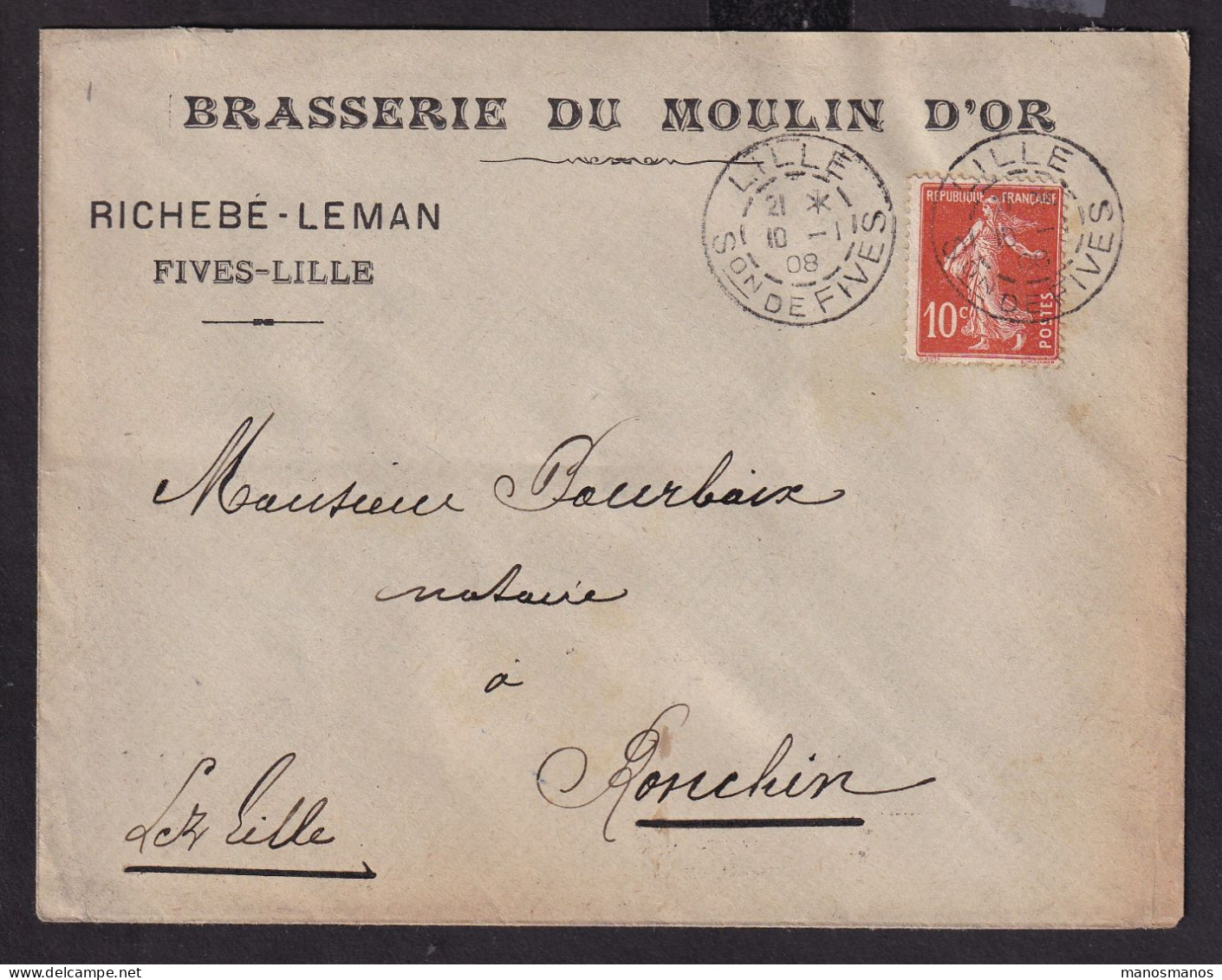 DDDD 933 -- BRASSERIES FRANCE - Enveloppe TP  Semeuse FIVES-LILLE (Nord) 1908 - Brasserie Du MOULIN D'OR, RICHEBE-LEMAN - Cervezas