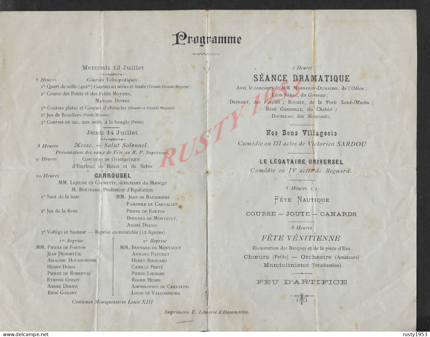 PROGRAMME EN TÊTE FÊTE DU R P SUPÈRIEUR 1898 SÉANCE DRAMATIQUE  AU COLLÉGE LIBRE DE  JUILLY : - Programmes