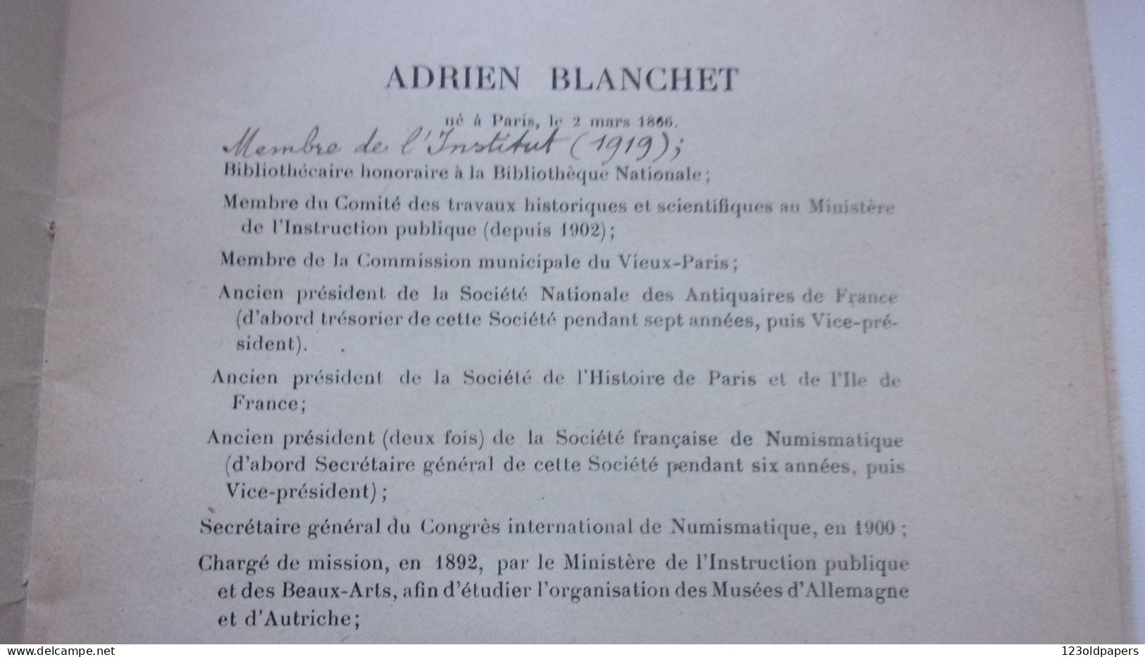 RARE 1917 BIBLIOGRAPHIE SOMMAIRE DE ADRIEN BLANCHET ANNOTE DE SA MAIN NUMISMATIQUE TRESORS ... - Libros & Software