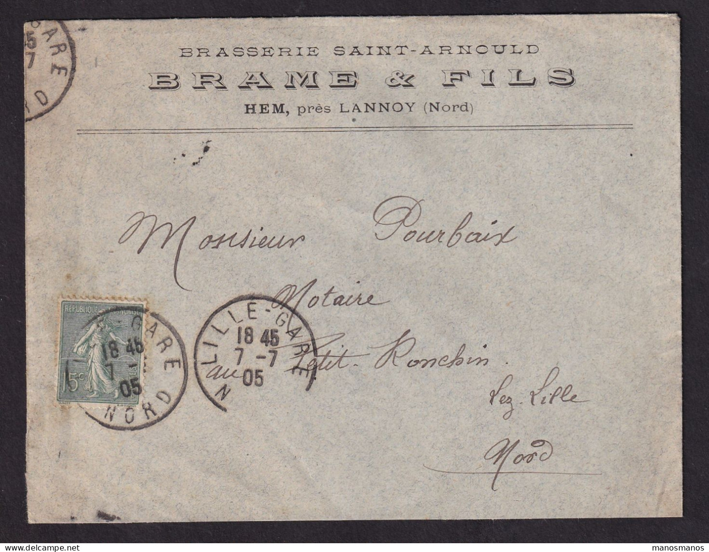 DDDD 936 -- BRASSERIES FRANCE - Enveloppe TP Semeuse HEM Près LANNOY (Nord) 1905 - Brasserie SAINT-ARNOULD, BRAME § Fils - Beers