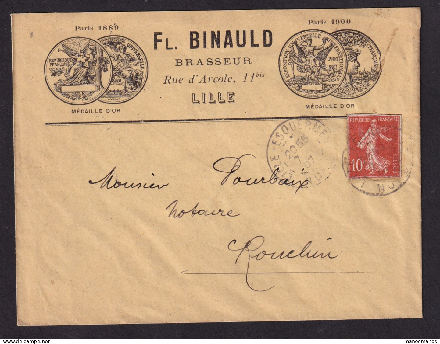 DDDD 938 -- BRASSERIES FRANCE - Enveloppe TP Semeuse LILLE (Nord) 1907 - Brasserie FL. BINAULD - Beers