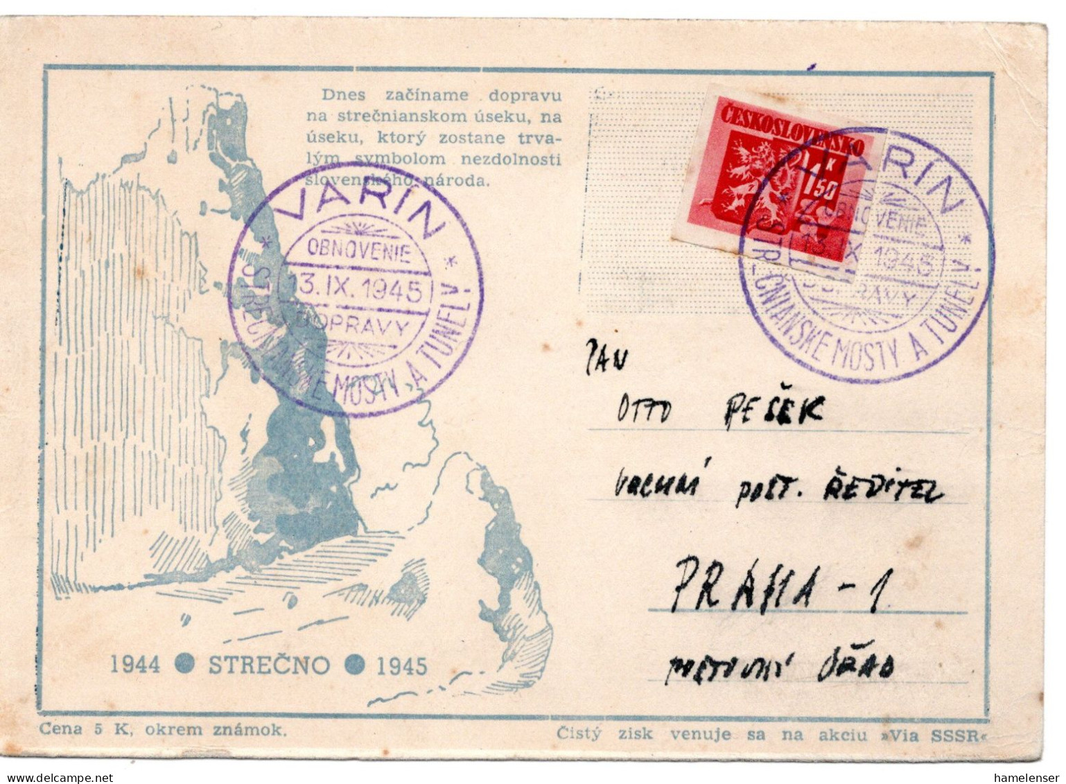 64695 - Tschechoslowakei - 1945 - 1,50K Wappen EF A SonderKte SoStpl VARIN - ... -> Praha - Lettres & Documents