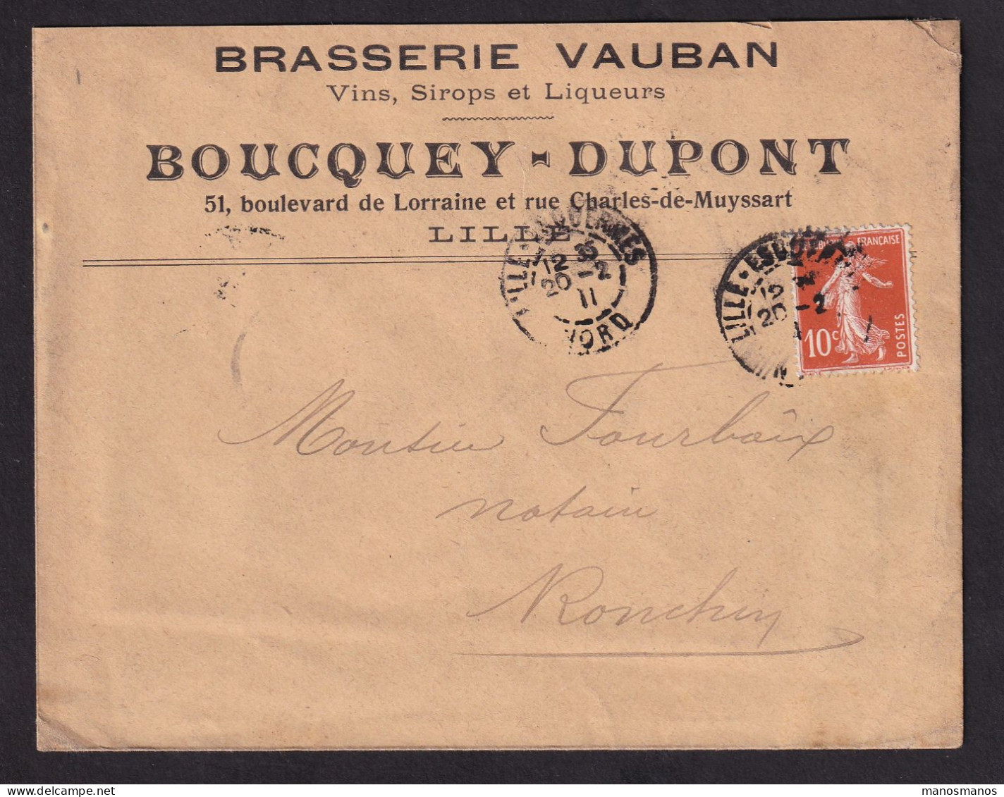 DDDD 940 -- BRASSERIES FRANCE - Enveloppe TP Semeuse LILLE (Nord) 1911 - Brasserie VAUBAN, BOUCQUEY-DUPONT - Beers
