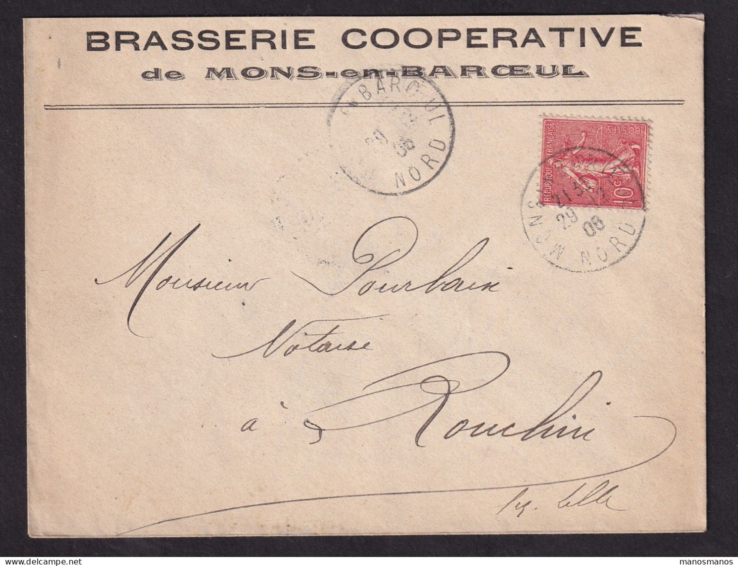 DDDD 942 -- BRASSERIES FRANCE - Enveloppe TP Semeuse MONS En BAROEUL (Nord) 1906 - Brasserie Coopérative MONS En BAROEUL - Biere