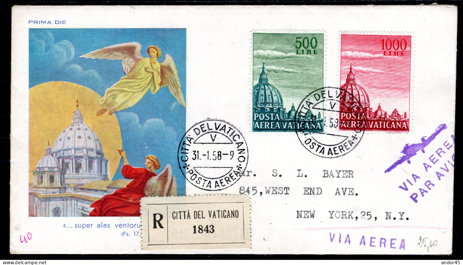 1958 31 GEN L.500+1.000 SERIE COMPLETA S.507 POSTA AEREA VATICANA RACCOMANDATA DA VATICANO X NEW YORK CV 35+ - Lettres & Documents