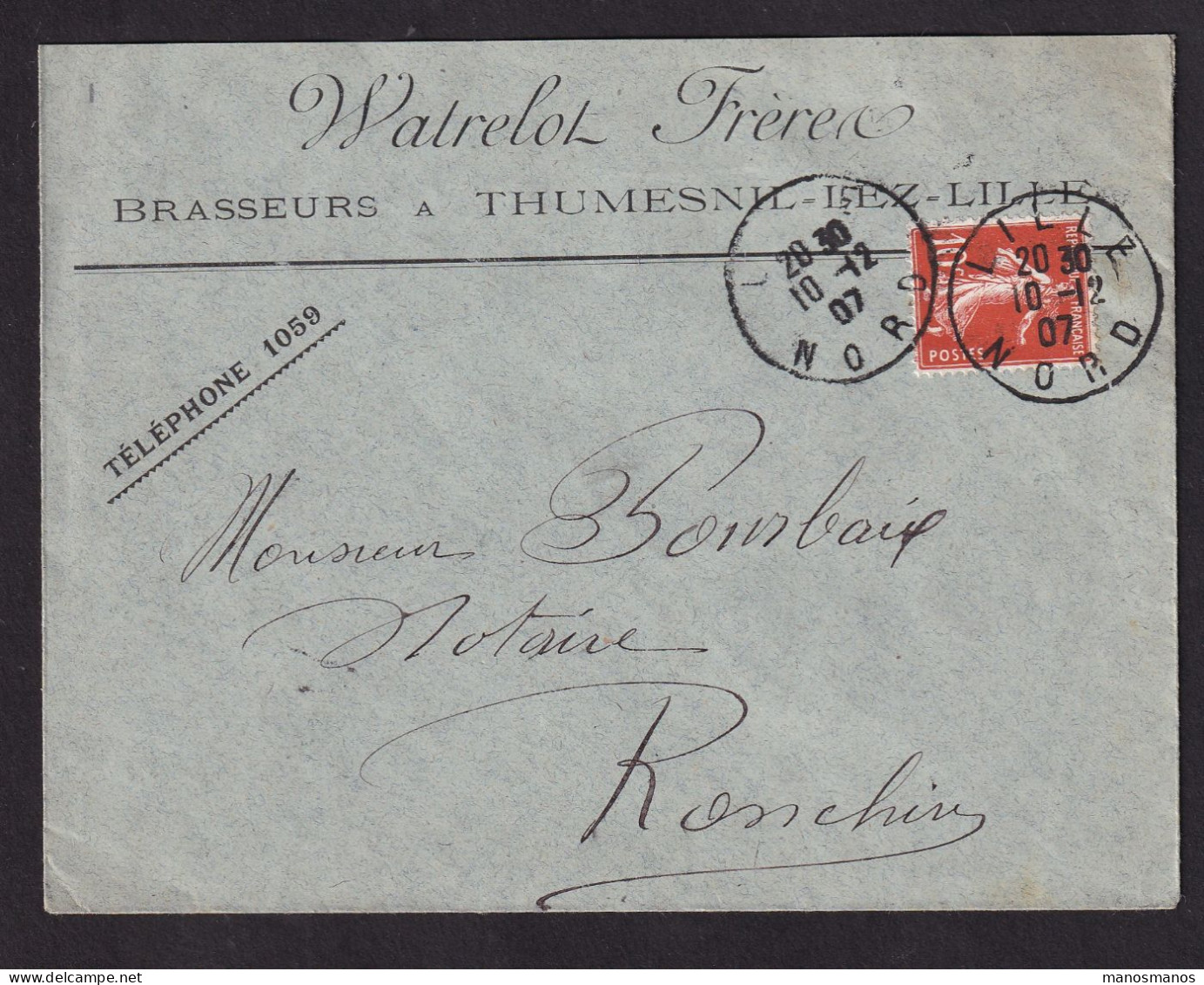 DDDD 944 -- BRASSERIES FRANCE - Enveloppe TP Semeuse THUMESNIL Lez LILLE (Nord) 1907 - Brasserie Watrelot Frères - Biere