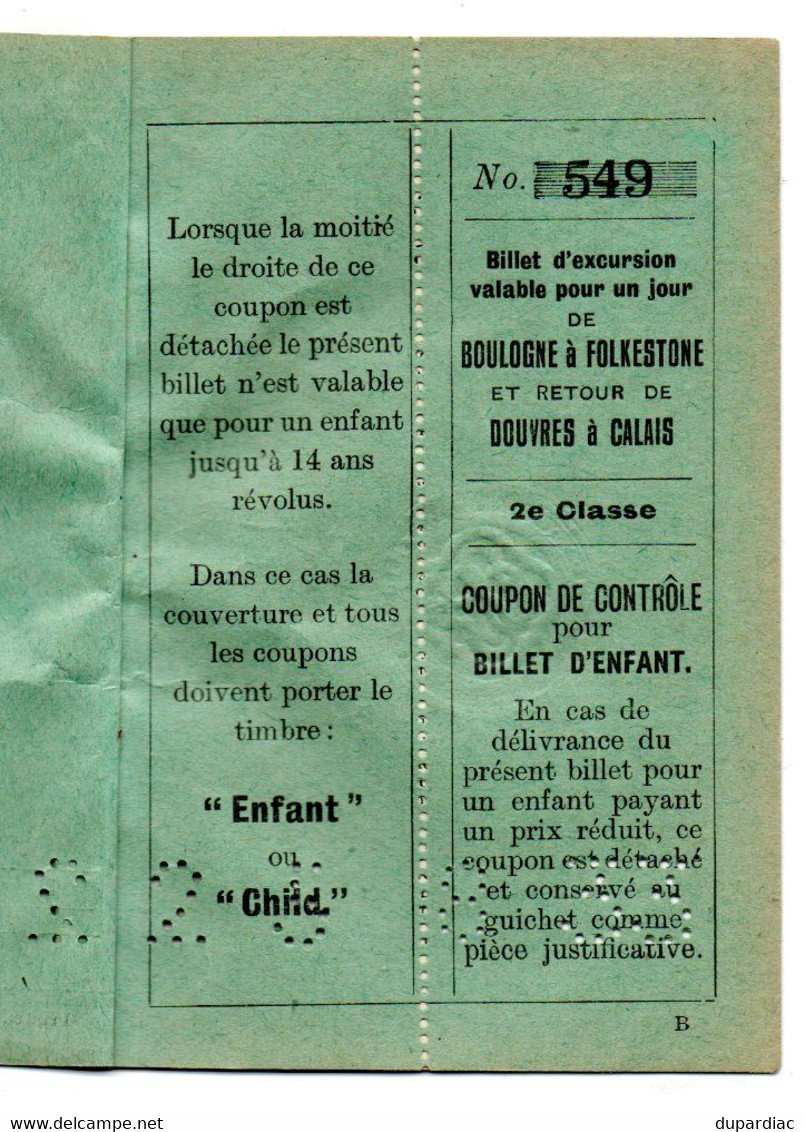 Billet D'EXCURSION Aller De BOULOGNE à FOLKESTONE HARBOUR Et Retour De DOUVRES à CALAIS (1933). - Europa