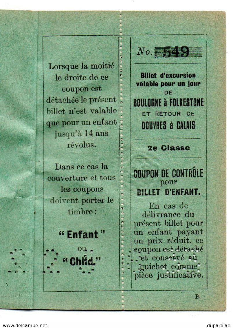 Billet D'EXCURSION Aller De BOULOGNE à FOLKESTONE HARBOUR Et Retour De DOUVRES à CALAIS (1933). - Europe