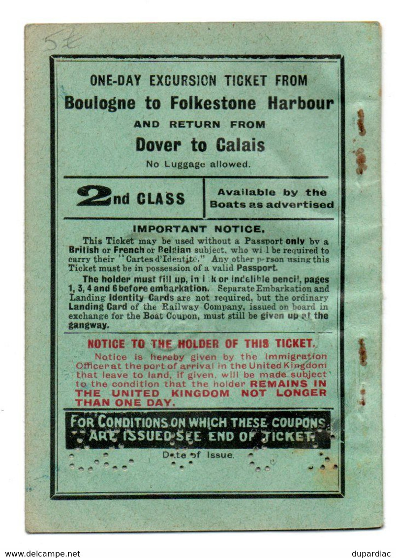 Billet D'EXCURSION Aller De BOULOGNE à FOLKESTONE HARBOUR Et Retour De DOUVRES à CALAIS (1933). - Europa