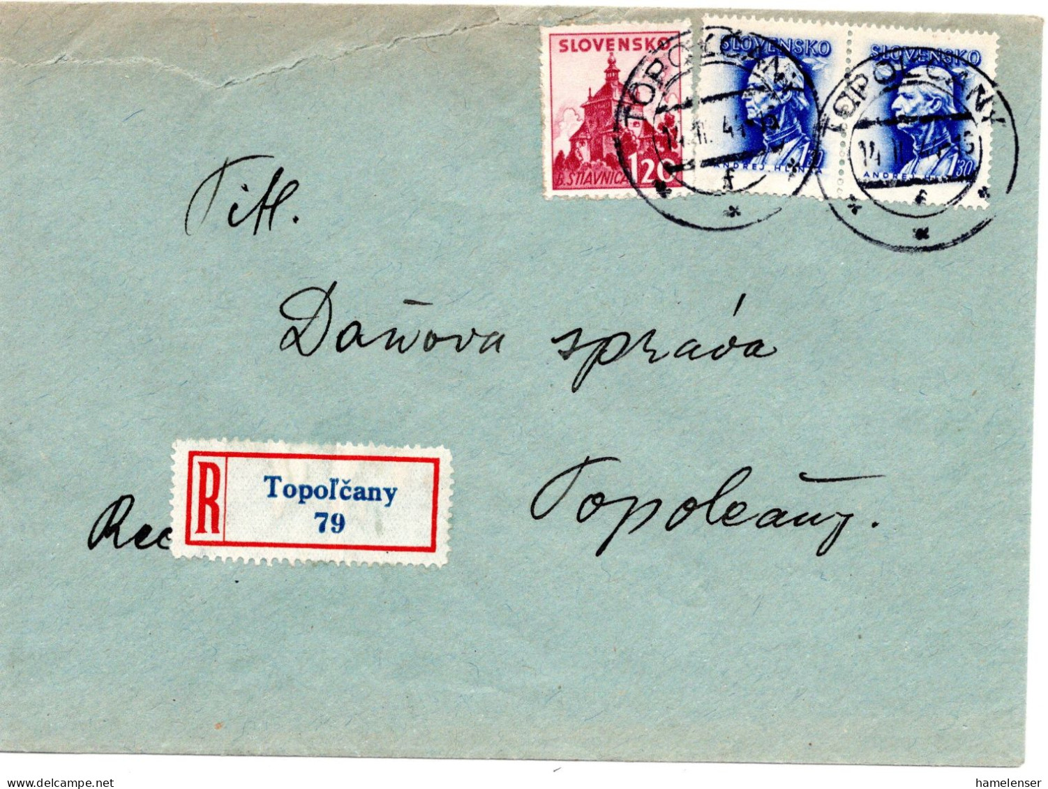 64699 - Slowakei - 1944 - 2@1,30Ks Hlinka MiF A OrtsR-Bf TOPOL'CANY - Lettres & Documents