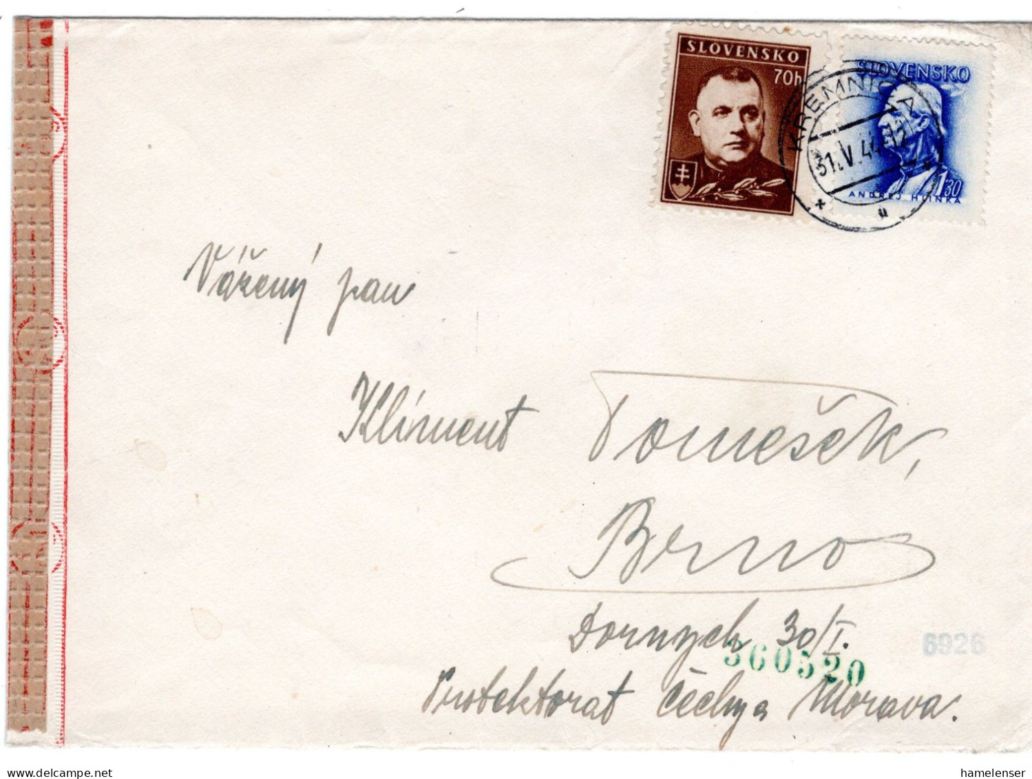 64700 - Slowakei - 1944 - 1,30Ks Hlinka MiF A Bf KREMNICA -> Boehmen & Maehren, M Dt Zensur - Cartas & Documentos