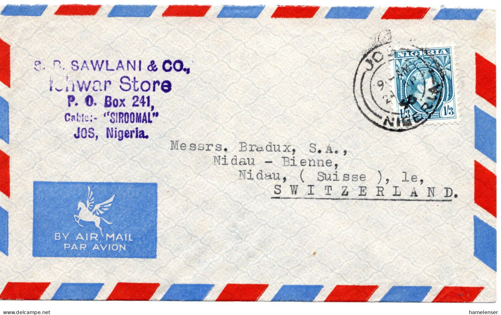 64703 - Nigeria - 1953 - 1'3 KGVI EF A LpBf JOS -> Schweiz - Nigeria (...-1960)