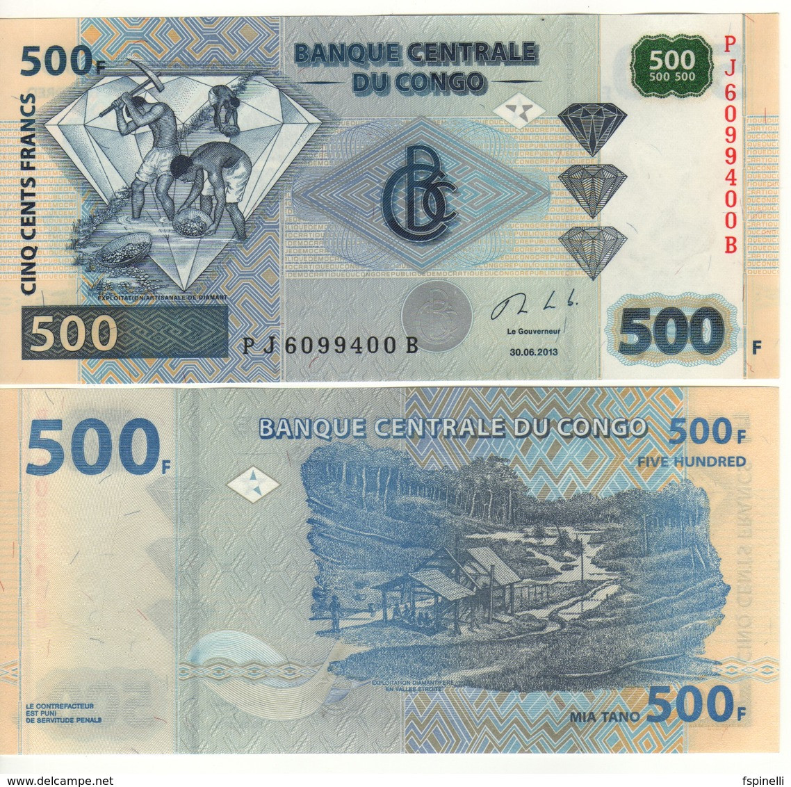 CONGO DEMOCRATIC Republic  500 Francs P96b  Dated  30.06.2013 ( Diamond Exploitation )   UNC - Demokratische Republik Kongo & Zaire