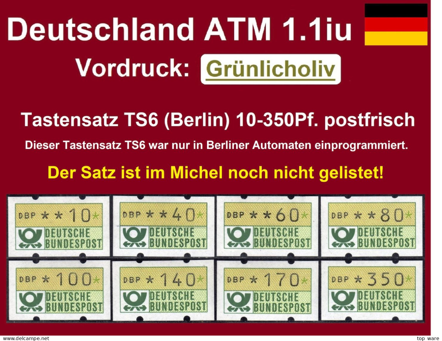 Deutschland Bund ATM 1.1 Iu Grünlicholiv Tastensatz TS6 (Berlin) 10-350Pf. ** Automatenmarken Klüssendorf - Timbres De Distributeurs [ATM]