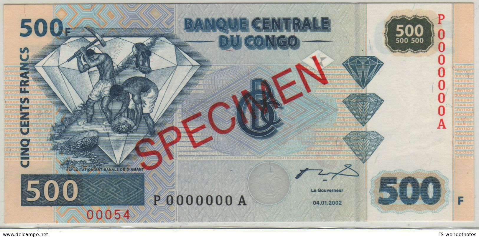 CONGO DEMOCRATIC Republic  500 Francs "SPECIMEN" P96a  Dated  04.01.2002 ( Diamond Exploitation )   UNC - République Démocratique Du Congo & Zaïre