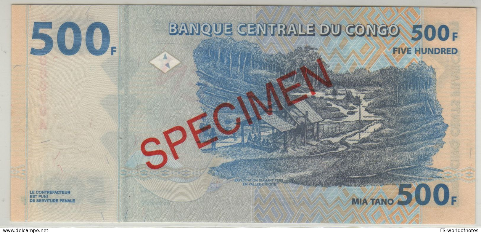 CONGO DEMOCRATIC Republic  500 Francs "SPECIMEN" P96a  Dated  04.01.2002 ( Diamond Exploitation )   UNC - Demokratische Republik Kongo & Zaire