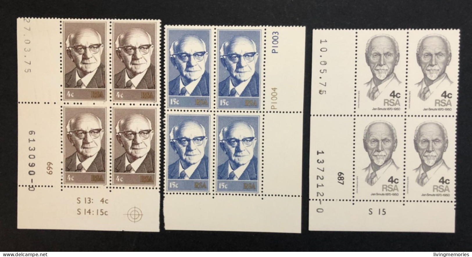 109 VR, SOUTH AFRICA, **Mint Grouped Strips , « NICOLAES DIEDERICHS », « JAN SMUTS », 1975 - Neufs