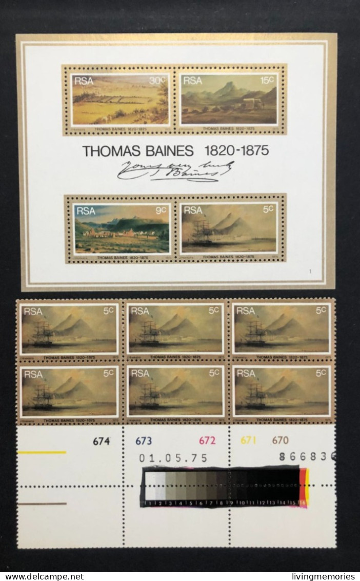 109 VR, SOUTH AFRICA, **Mint Strip + Souvenir Sheet , « PAINTING », « THOMAS BAINES », 1975 - Nuovi