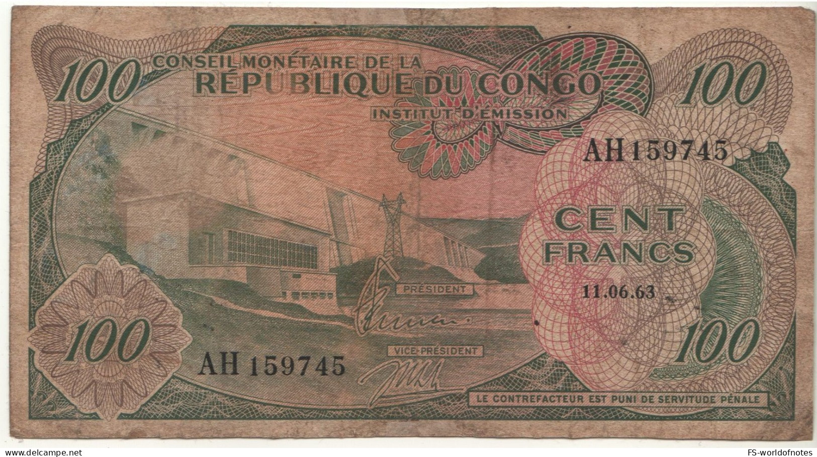 CONGO Republic 100 Francs P1a  Dated  11.6.1963  ( Hydroelectric Dam + Chain Excavator Back ) - Republic Of Congo (Congo-Brazzaville)