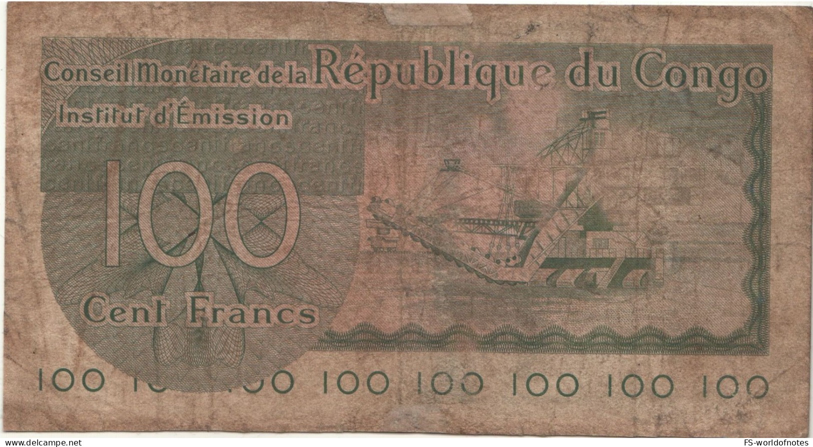 CONGO Republic 100 Francs P1a  Dated  11.6.1963  ( Hydroelectric Dam + Chain Excavator Back ) - República Del Congo (Congo Brazzaville)