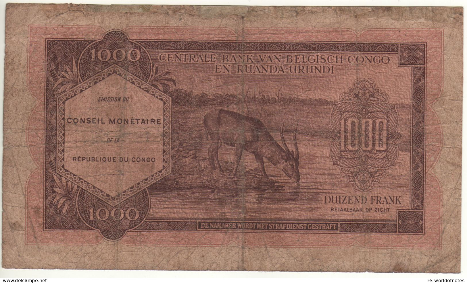 CONGO Republic 1'000 Francs P2a  Dated  15.02.1962  ( Man-river + Waterbuck At Back ) - República Del Congo (Congo Brazzaville)