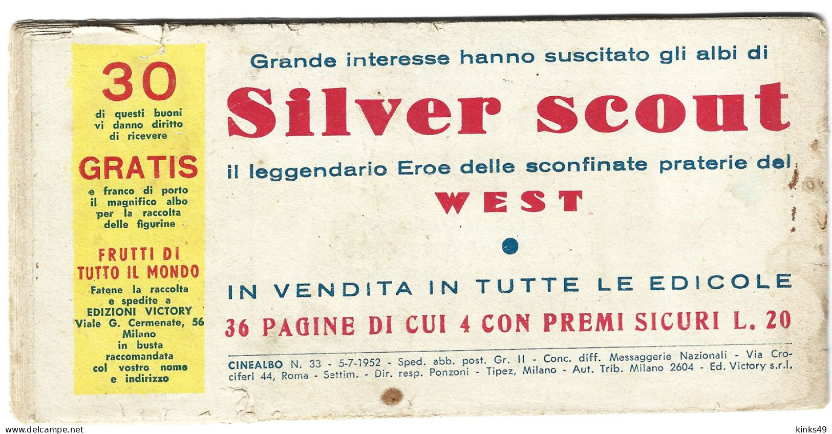 M261> TONY SCERIFFO < Al Villaggio Indiano > CINEALBO N° 33 Del 5 LUGLIO 1952 - Erstauflagen