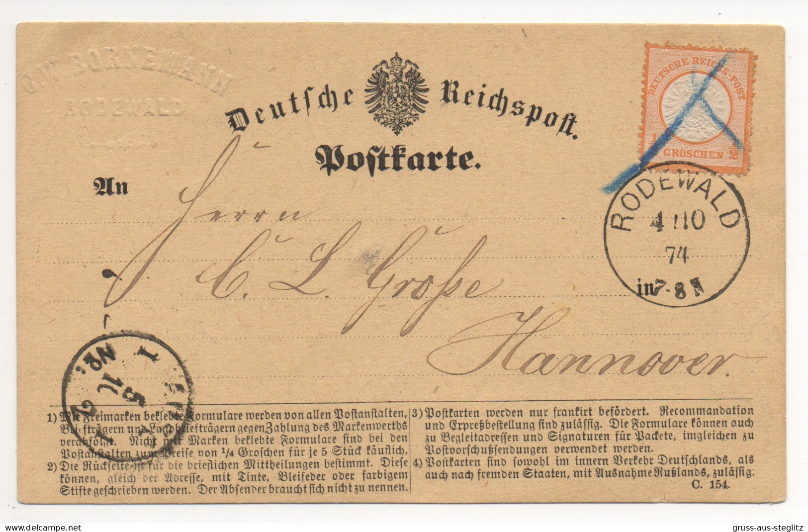 Postkarte Mi 18 Rodewald Hannover 1874 Mit Zuprägung - Cartas & Documentos