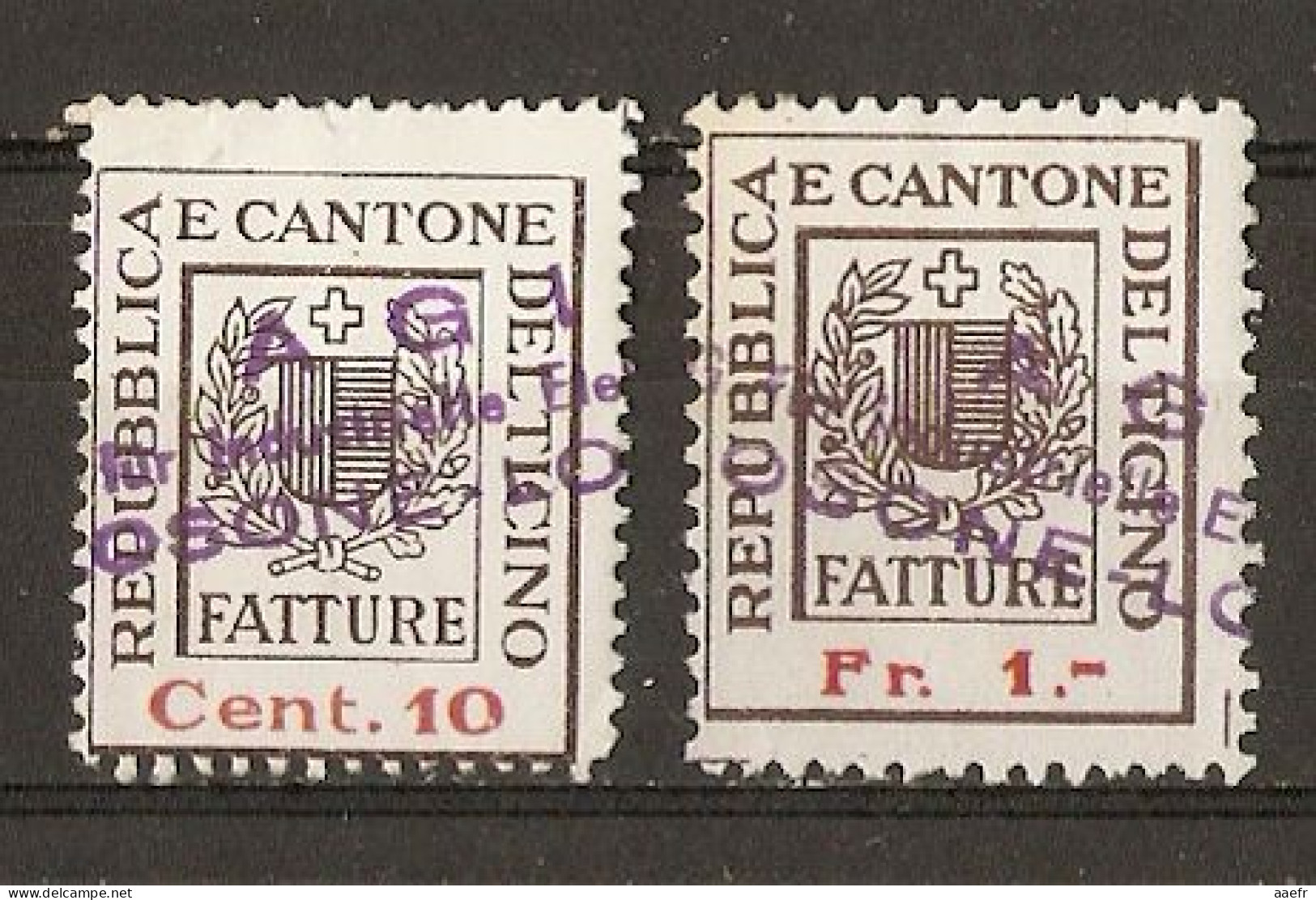 Suisse  - Petit Lot De 2 Timbres Fiscaux° - Cantone Del Ticino -  10 Cent. & 1 Fr. -  Fatture - Canton Du Tessin - Revenue Stamps