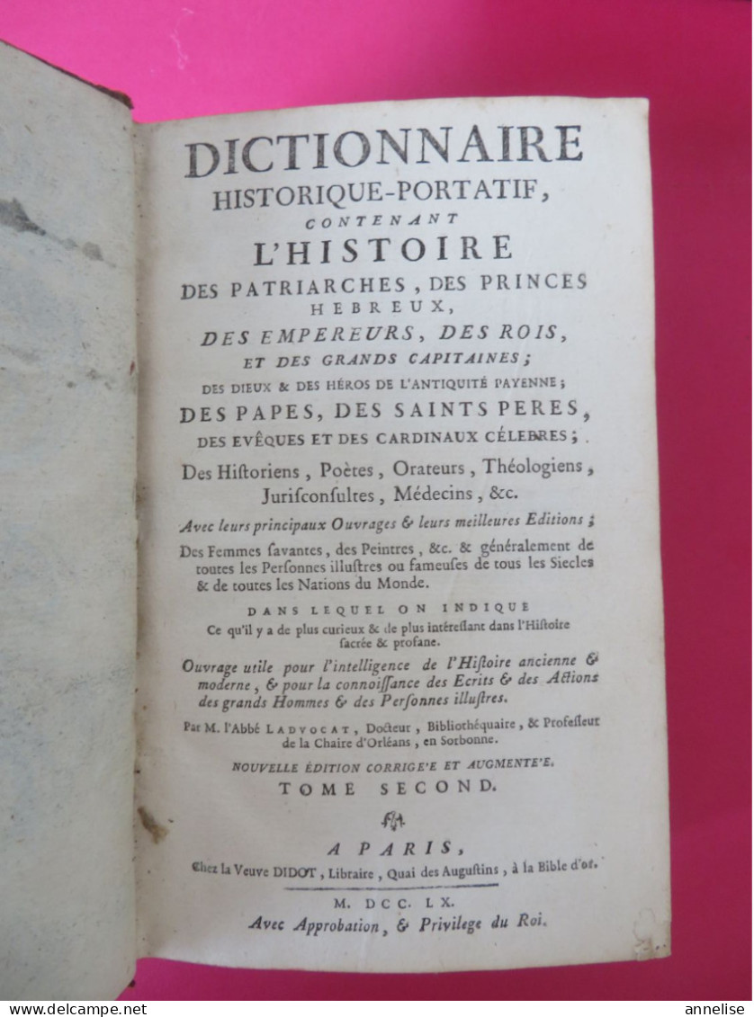 1760 Dictionnaire Historique Histoire Des Patriarches, Princes Hébreux, Empereurs, Rois.. Abbé Ladvocat 2 Tomes - 1701-1800