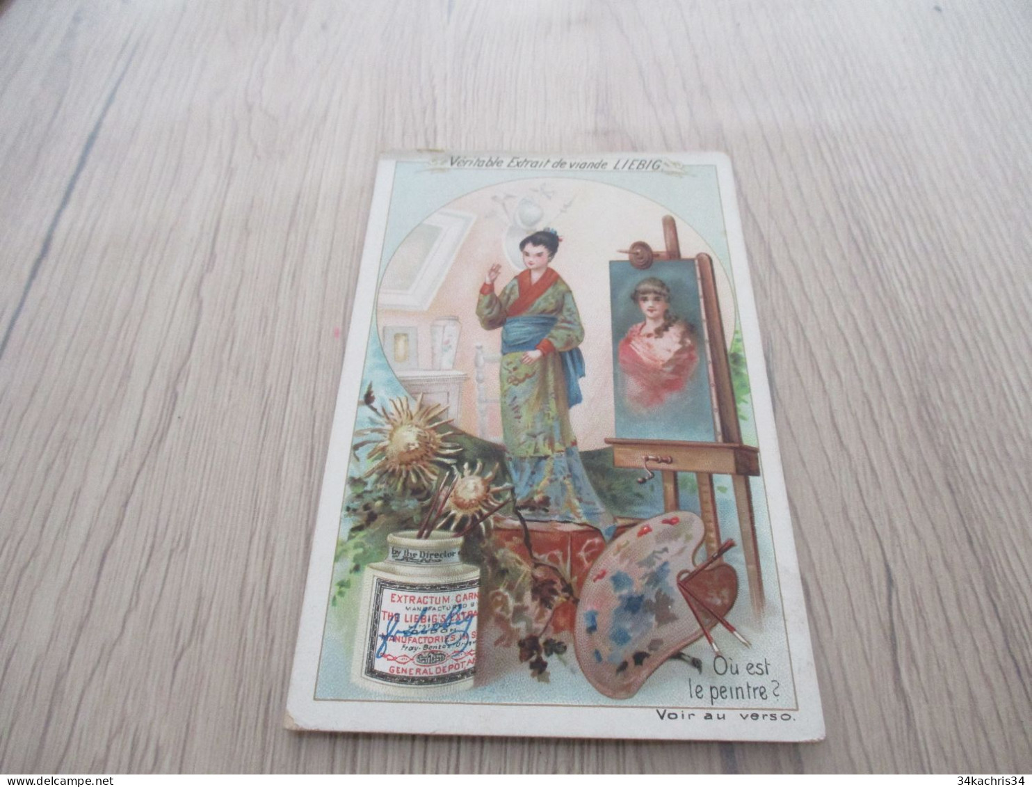 DB45 Chromo Ancien  Liebig Où Est Le Peintre Japon Peinture Edelweiss   Femme Fleurs - Liebig