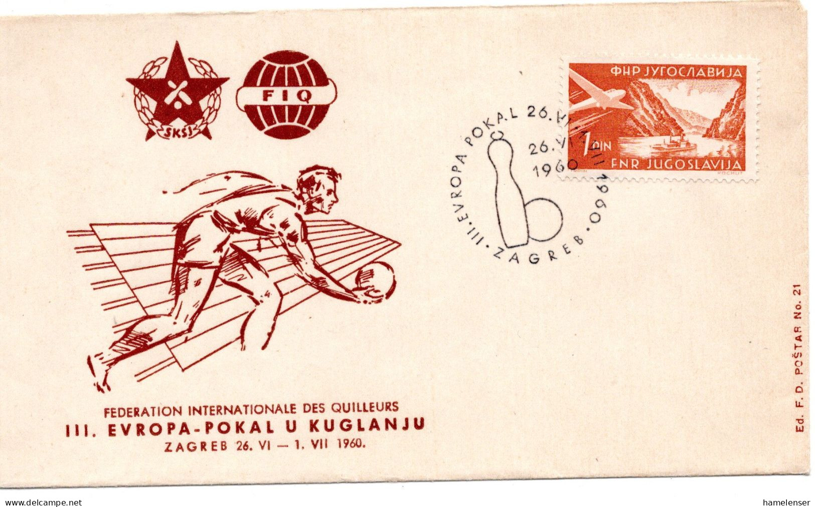 64710 - Jugoslawien - 1960 - 1Din Luftpost EF A SoUmschlag "3. Kegel-EM" SoStpl ZAGREB - III. EUROPA POKAL ... - Andere & Zonder Classificatie