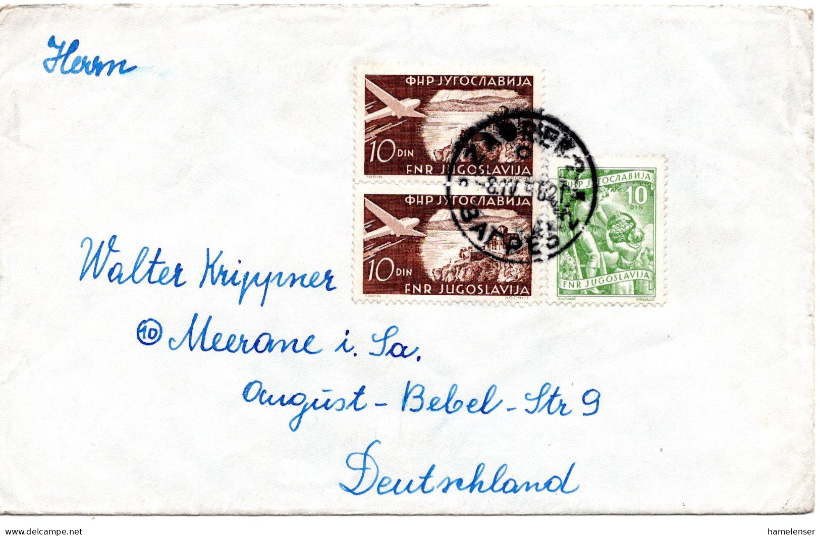 64711 - Jugoslawien - 1956 - 2@10Din Luftpost MiF A Bf ZAGREB -> DDR, Rs Tauschkontrollmarke - Briefe U. Dokumente