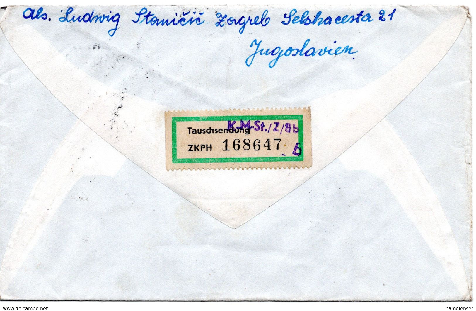 64711 - Jugoslawien - 1956 - 2@10Din Luftpost MiF A Bf ZAGREB -> DDR, Rs Tauschkontrollmarke - Briefe U. Dokumente