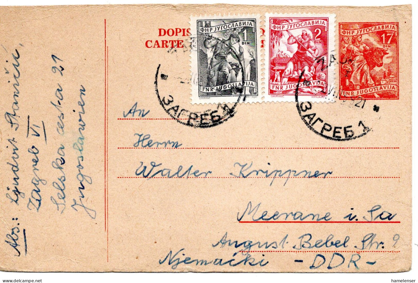 64712 - Jugoslawien - 1959 - 17Din GAAntwKte (Frageteil) M ZusFrankatur ZAGREB -> DDR - Lettres & Documents