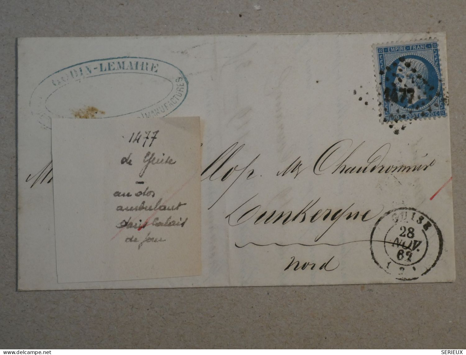 BP17 FRANCE BELLE LETTRE 1862 GUISE A DUNKERQUE  +AMBULANT VERSO ++ NAP.  N°22 +AFFRANC.INTERESSANT - 1862 Napoléon III.