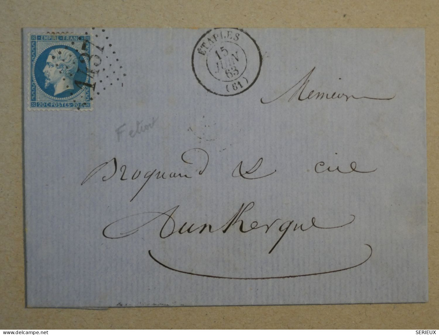 BP17 FRANCE BELLE LETTRE 1863 ETAPLES A DUNKERQUE  ++ VARIETE F ETROIT NAP.  N°22 +AFFRANC.INTERESSANT - 1862 Napoléon III