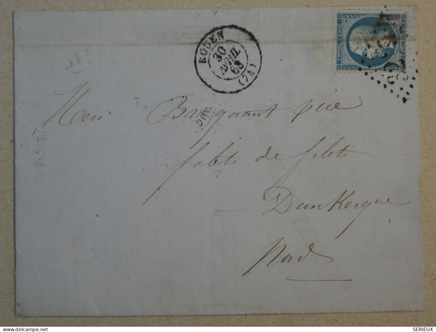 BP17 FRANCE BELLE LETTRE 1863  ROUEN   A DUNKERQUE  ++D 8 ?  +NAP.  N°22 +AFFRANC.INTERESSANT - 1862 Napoléon III.