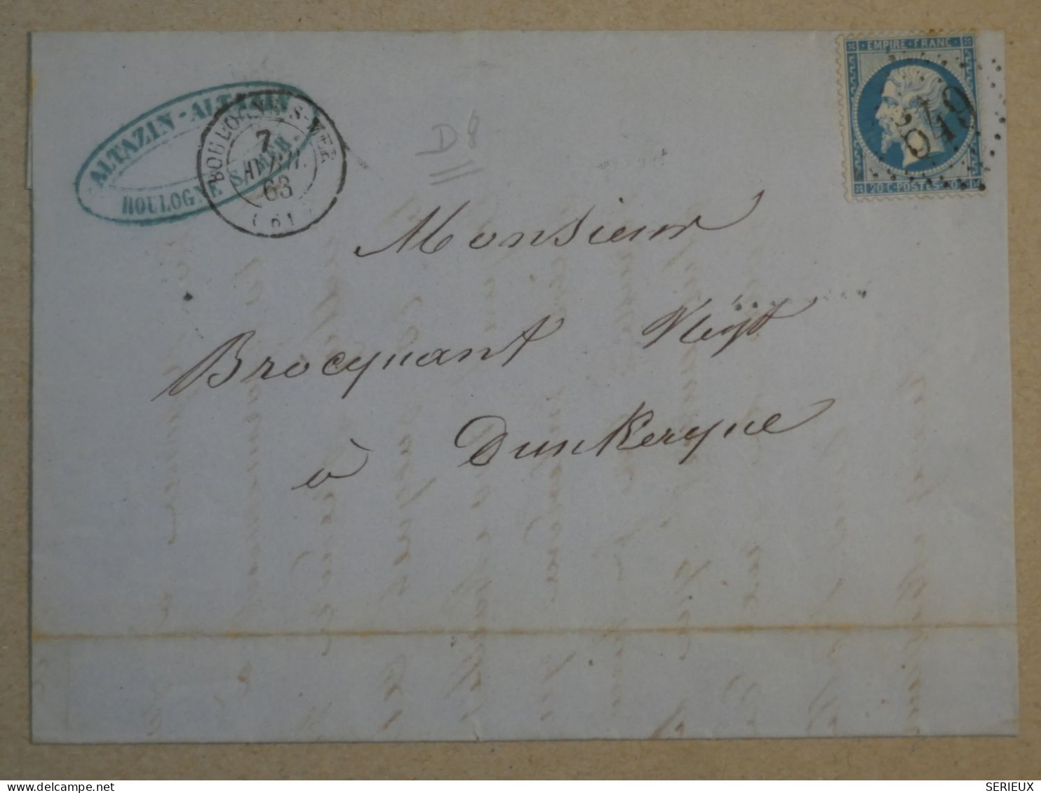 BP17 FRANCE BELLE LETTRE 1863  BOULOGNE   A DUNKERQUE  ++D 8  +VARIETE F  NAP.  N°22 +AFFRANC.INTERESSANT - 1862 Napoléon III.