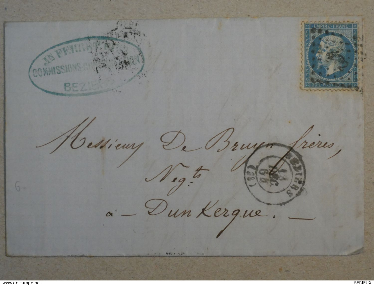 BP17 FRANCE BELLE LETTRE 1865 LILLE   A DUNKERQUE  ++ NAP.  N°22 +AFFRANC.INTERESSANT - 1862 Napoléon III.