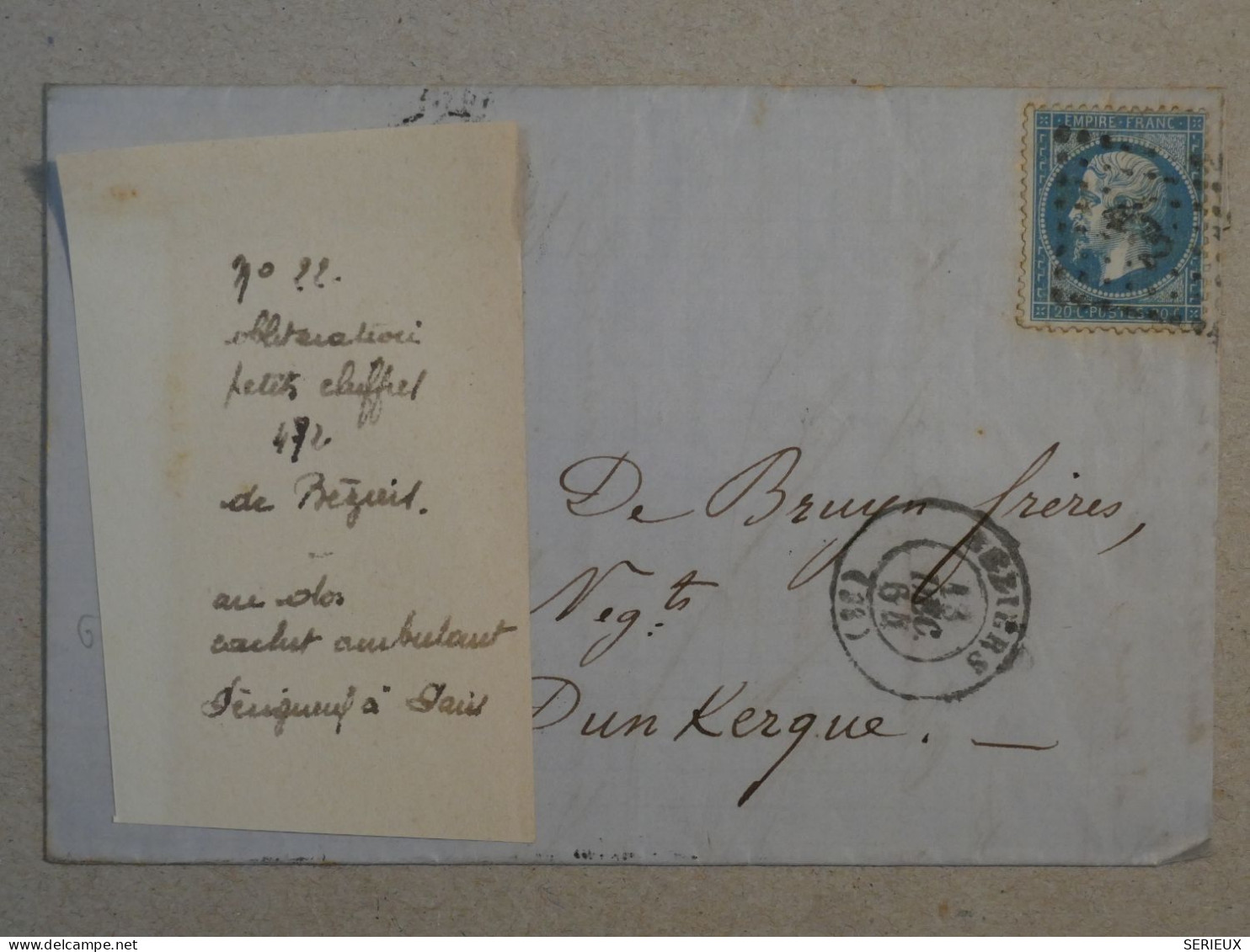 BP17 FRANCE BELLE LETTRE 1865 LILLE   A DUNKERQUE  ++ NAP.  N°22 +AFFRANC.INTERESSANT - 1862 Napoléon III.