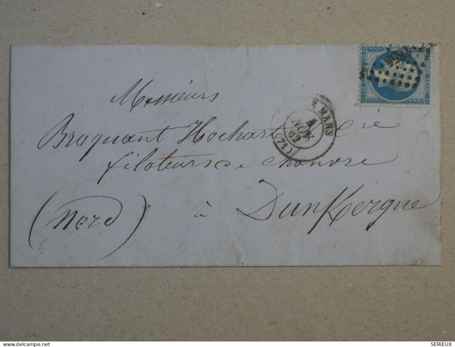 BP17 FRANCE BELLE LETTRE 1862 LE MANS    A DUNKERQUE  ++ NAP.  N°22 +AFFRANC.INTERESSANT - 1862 Napoléon III