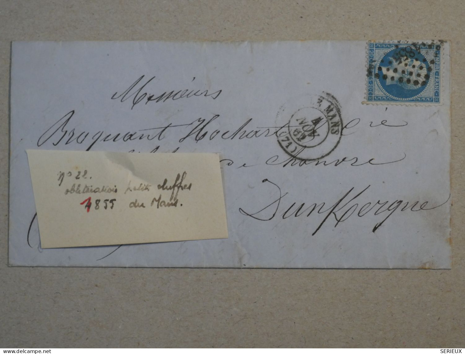 BP17 FRANCE BELLE LETTRE 1862 LE MANS    A DUNKERQUE  ++ NAP.  N°22 +AFFRANC.INTERESSANT - 1862 Napoléon III