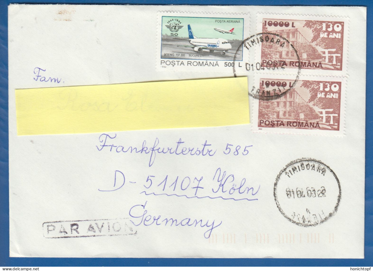Rumänien; Brief Infla 2003; Timisoara; Romania - Storia Postale