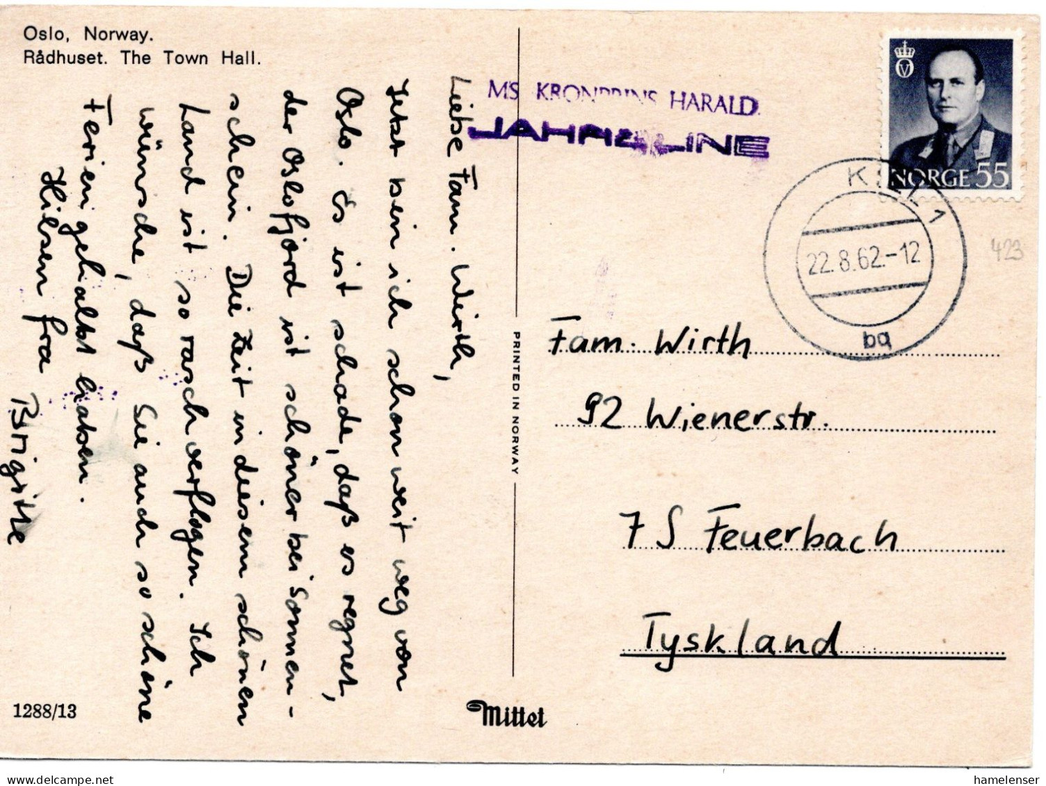 64718 - Norwegen - 1962 - 55o. Olav V EF A AnsKte Schiffspoststpl MS KRONPRINS HARALD -> KIEL -> Stuttgart (Deutschland) - Storia Postale
