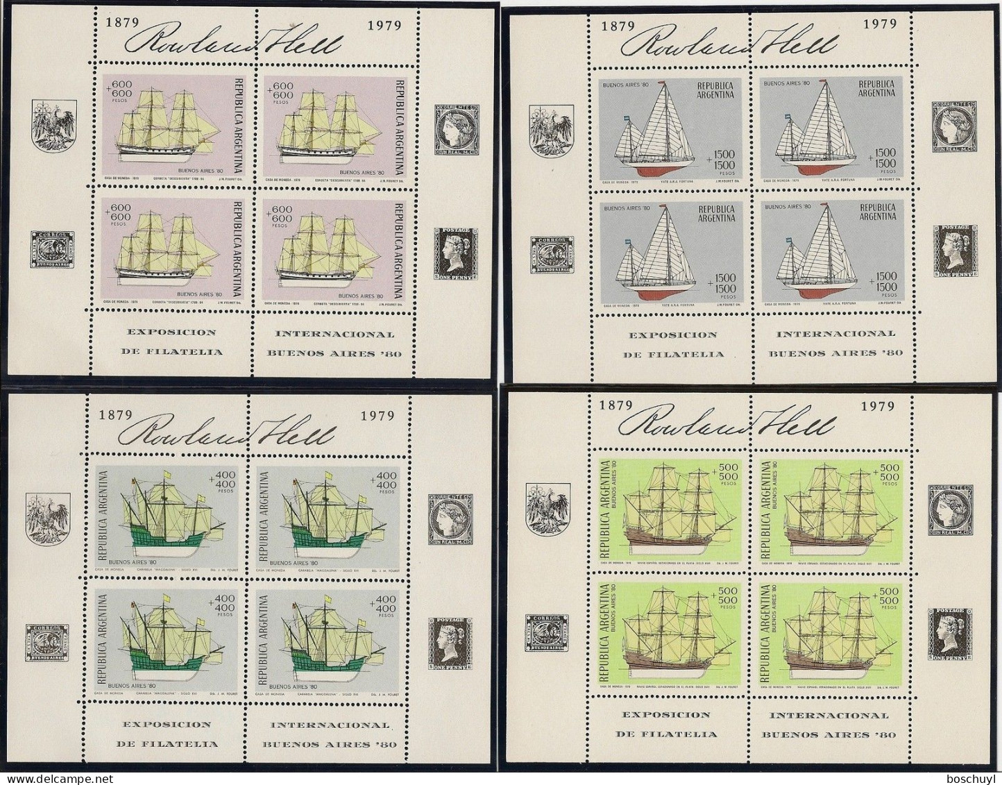 Argentina, 1979, Sailing Vessels, Tall Ships, Boats, Stamp Exhibition, Rowland Hill, UPU, MNH Sheets, Michel 1405-1408 - Hojas Bloque