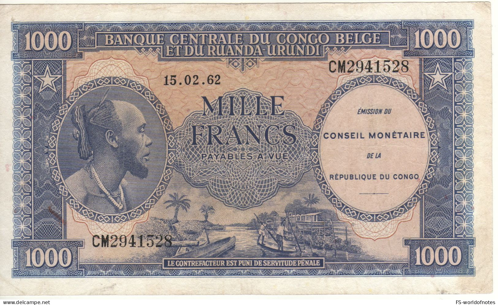 CONGO Republic 1'000 Francs P2a "high Quality"  Dated  15.02.1962  ( Man-river + Waterbuck At Back ) - République Du Congo (Congo-Brazzaville)