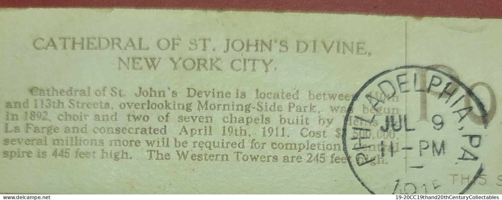 2  EARLY C20 USA CARDS IN VGC. A Used One Of St John's Cathedral, New York City And An Unused One Of Albany City Hall - Églises