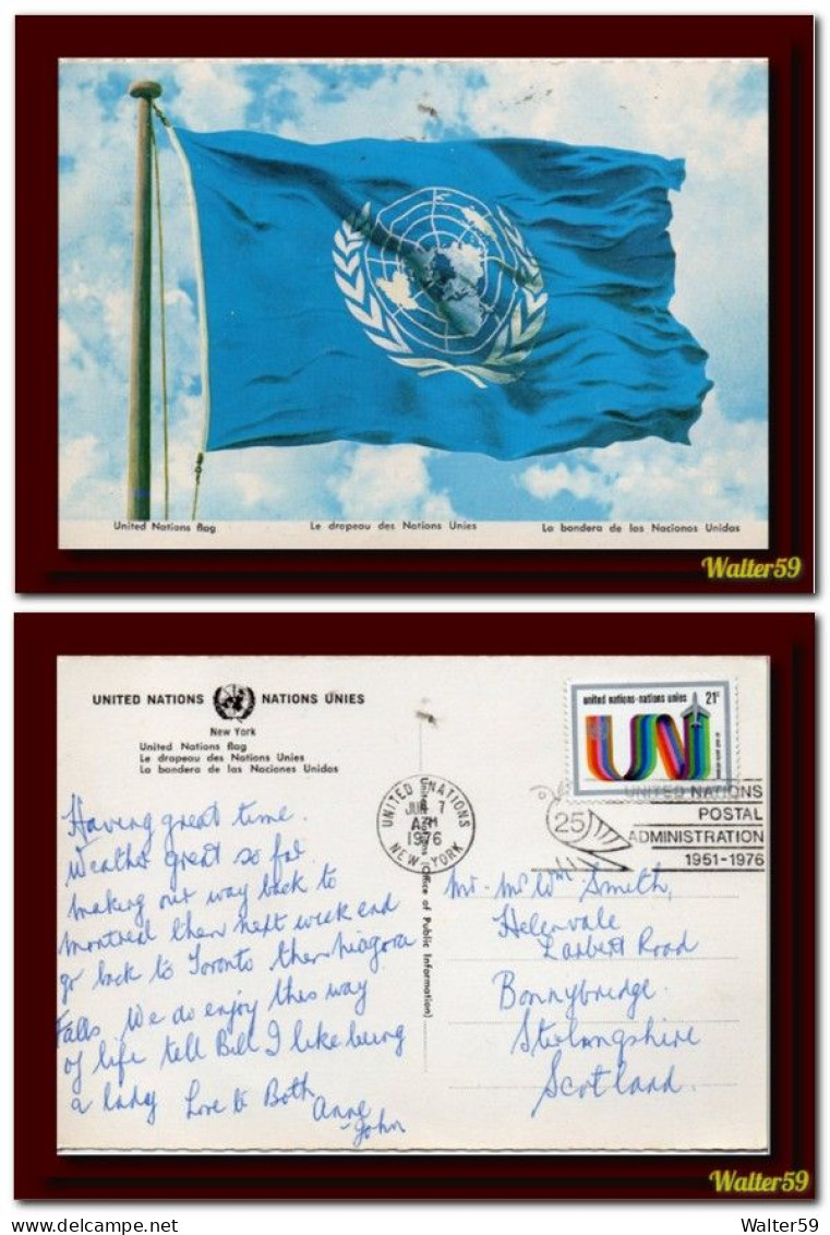 1976 NU ONU United Nations Flag Postcard Posted New York City To Scotland SLOGAN 2scans - Storia Postale