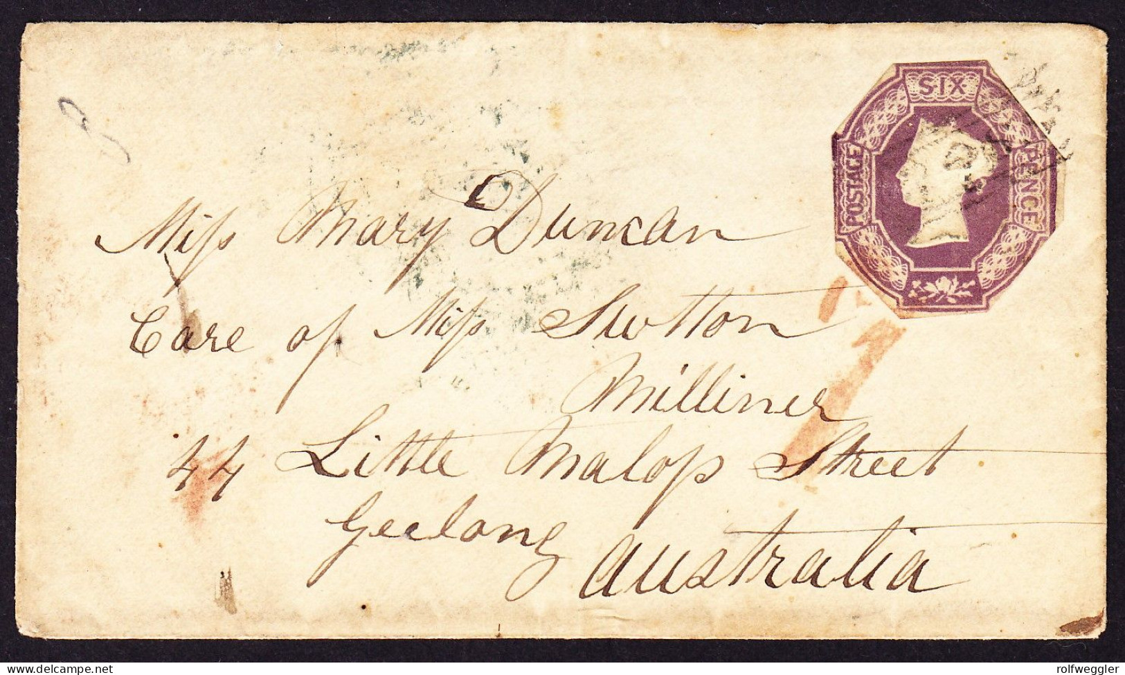 1856 Ausgeschnittene 6d Marke Auf Taxiertem Kleinen Brief Nach GEELONG, Australien. Briefklappe Fehlt. - Brieven En Documenten